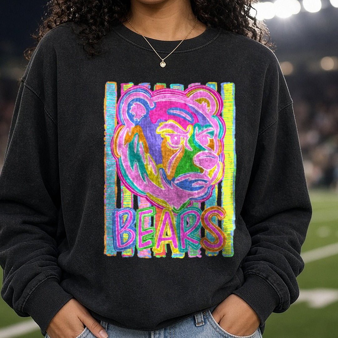Colorful Neon Rainbow Bears Mascot Head Bold Stripes DTF transfer shown on a Comfort Colors sweatshirt