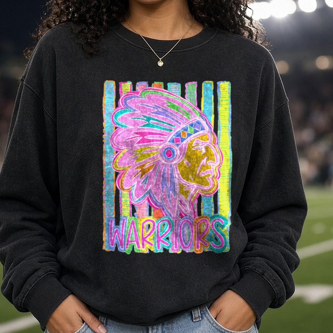 Colorful Neon Warriors Native Chief Mascot Stripe Background DTF transfer shown on a Comfort Colors sweatshirt
