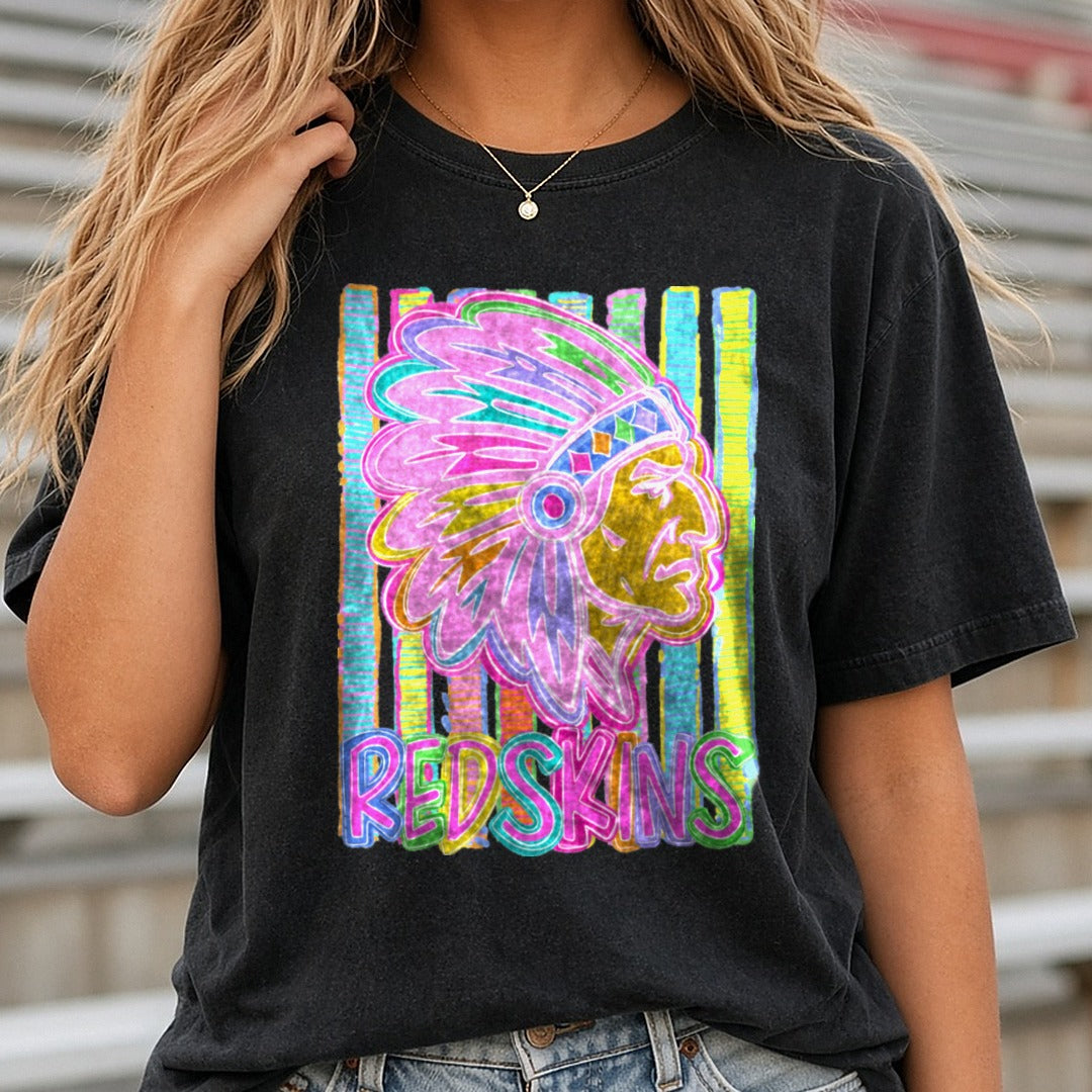 Redskins Native Chief Neon Colorful Striped Mascot Design DTF transfer shown on a Comfort Colors tee