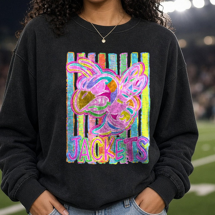 Colorful Retro Jackets Yellowjacket Mascot Stripe Background DTF transfer shown on a Comfort Colors sweatshirt