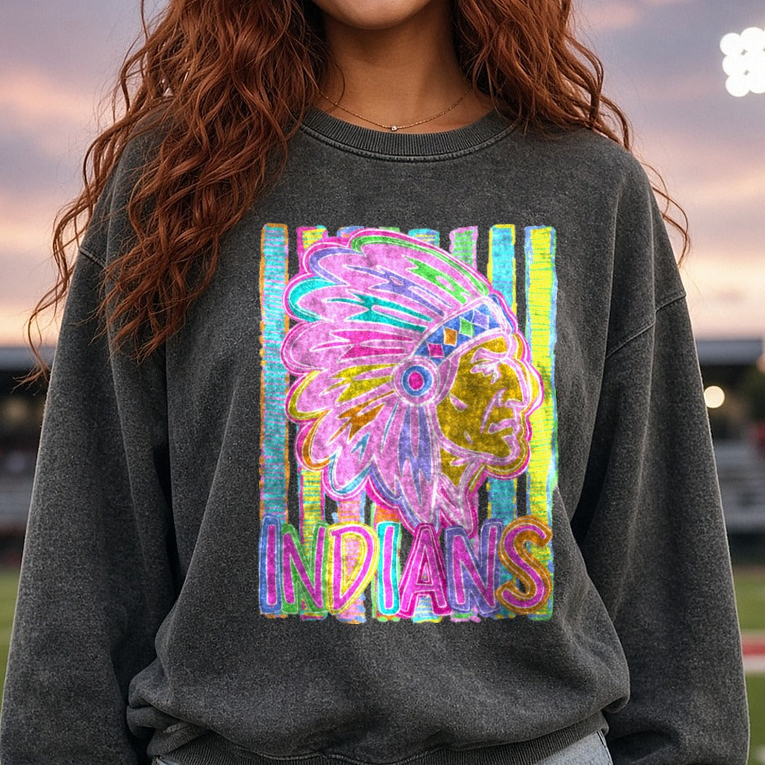Colorful Neon Indians Native Chief Headdress Mascot Design DTF transfer shown on a Comfort Colors sweatshirt