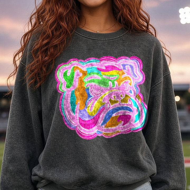 Vibrant Rainbow Swirl Abstract Graffiti Art Blob Design DTF transfer shown on a Comfort Colors sweatshirt