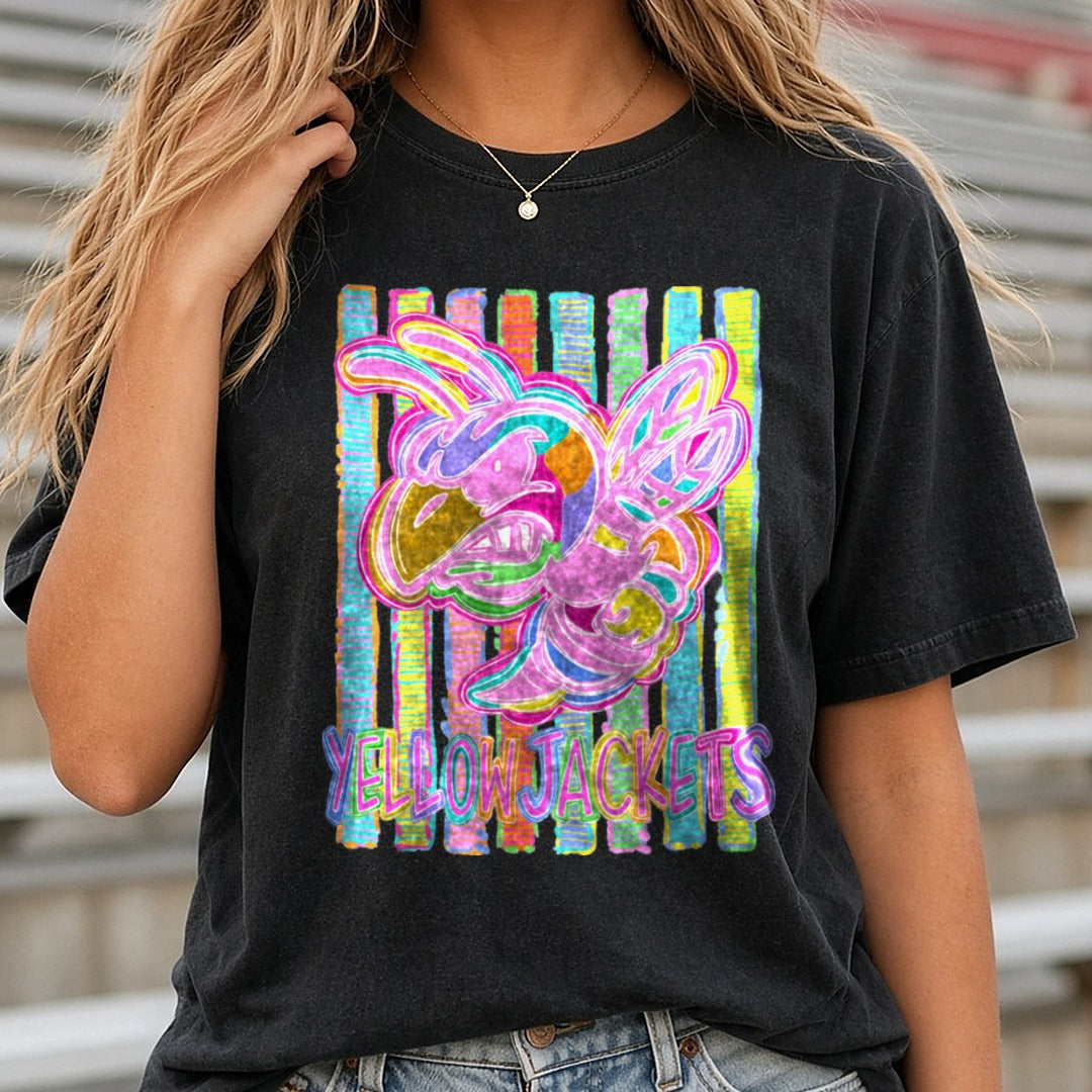 Yellowjackets Neon Rainbow Striped Mascot Wasp Preppy DTF transfer shown on a Comfort Colors tee
