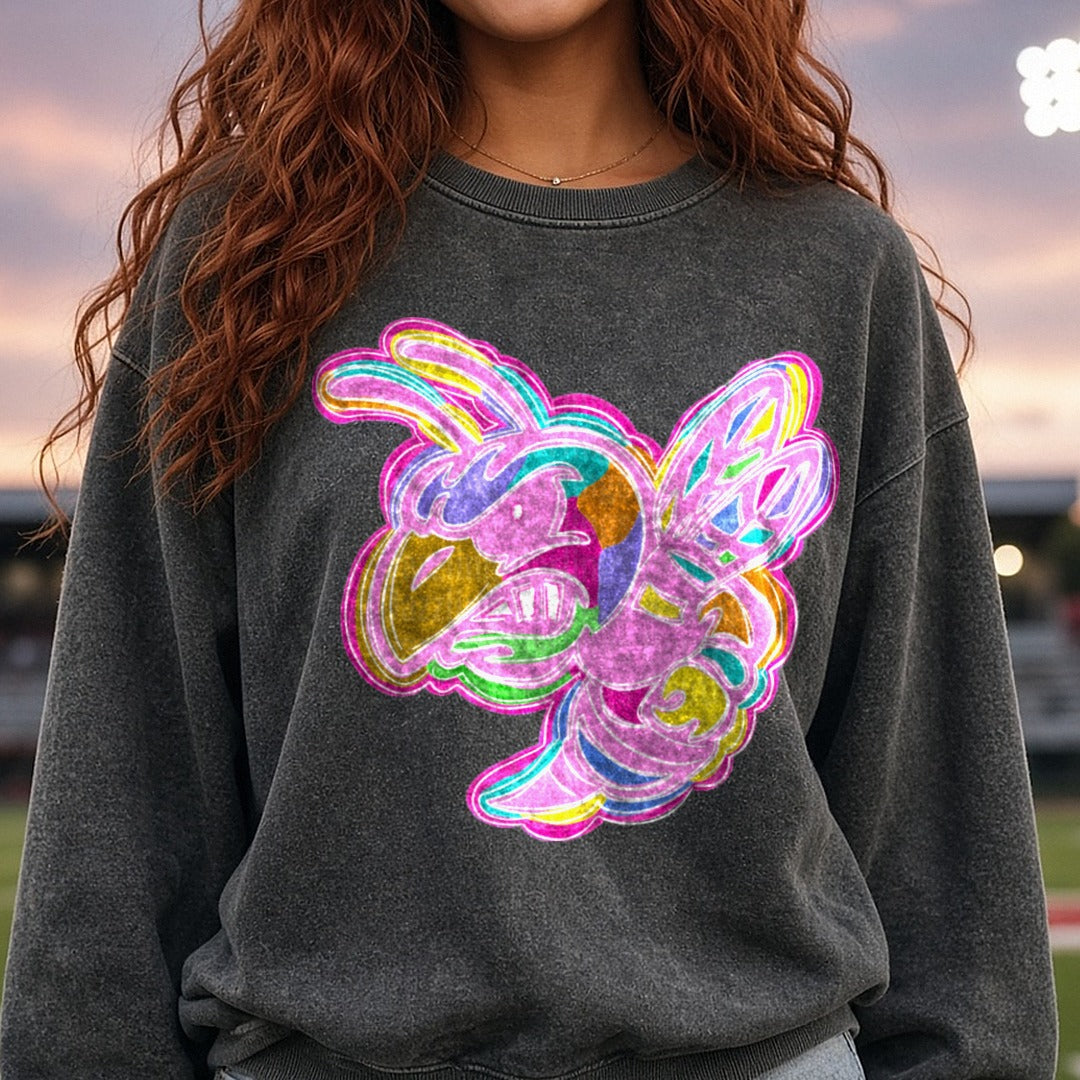 Colorful Neon Rainbow Beedrill Pokemon Fan Art Design DTF transfer shown on a Comfort Colors sweatshirt