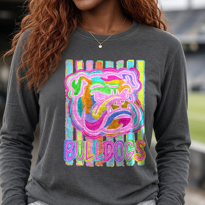 Colorful Striped Bulldogs Mascot Face Bright Neon Design DTF transfer shown on a Comfort Colors long sleeve tee