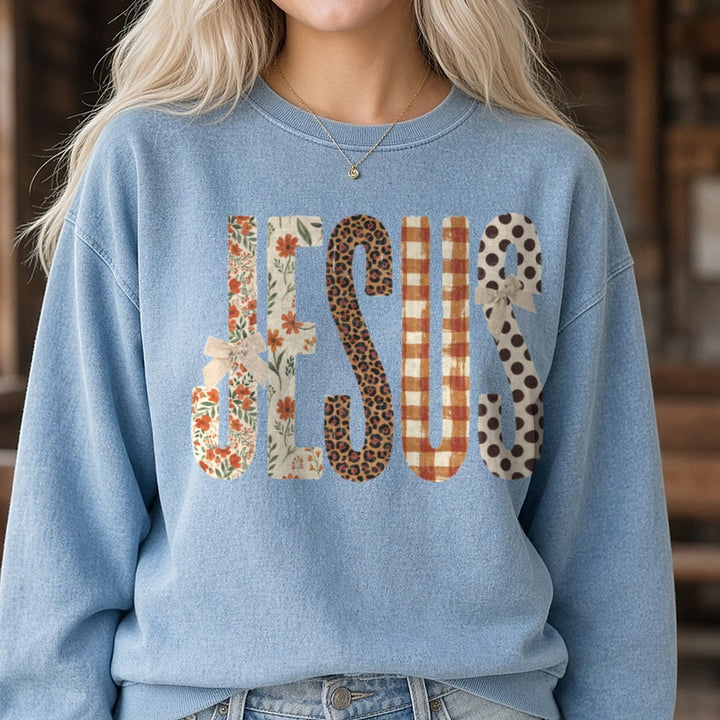 Jesus Fall DTF transfer shown on a Comfort Colors sweatshirt