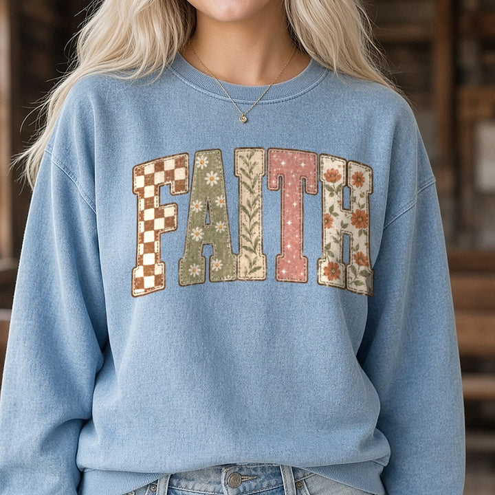 Faith Pattern DTF transfer shown on a Comfort Colors sweatshirt