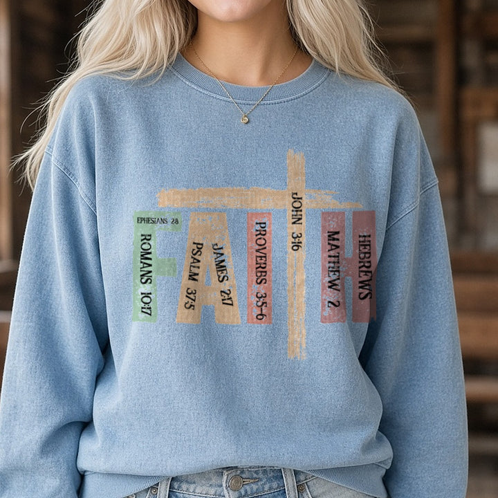 Faith Scriptures DTF transfer shown on a Comfort Colors sweatshirt
