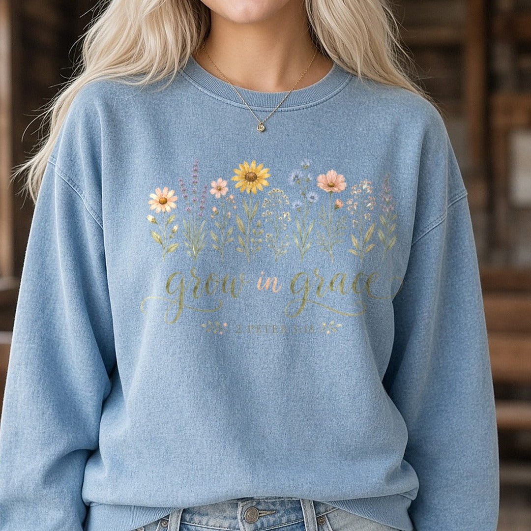 Grow In Grace DTF transfer shown on a Comfort Colors sweatshirt