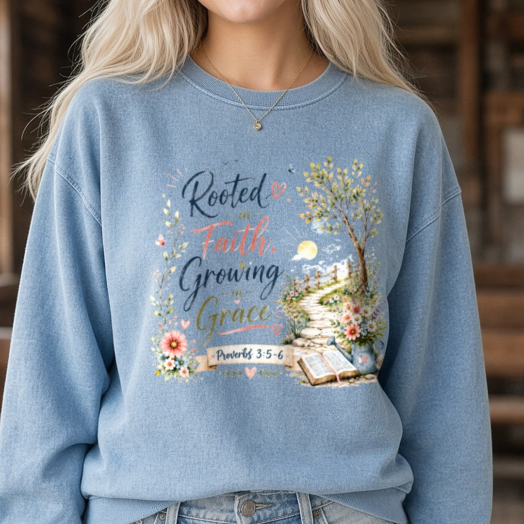Rooted In Faith DTF transfer shown on a Comfort Colors sweatshirt