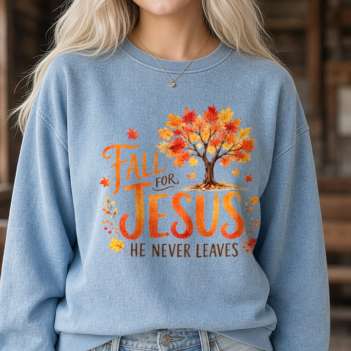 Fall For Jesus DTF transfer shown on a Comfort Colors sweatshirt
