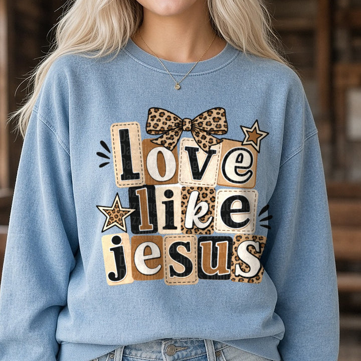 Love Like Jesus Leopard DTF transfer shown on a Comfort Colors sweatshirt