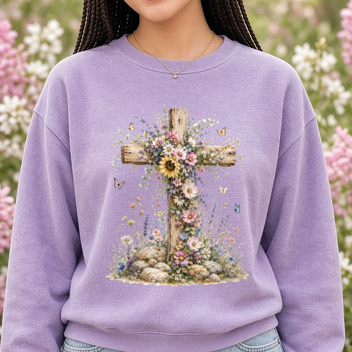 Floral Cross DTF transfer shown on a Comfort Colors sweatshirt