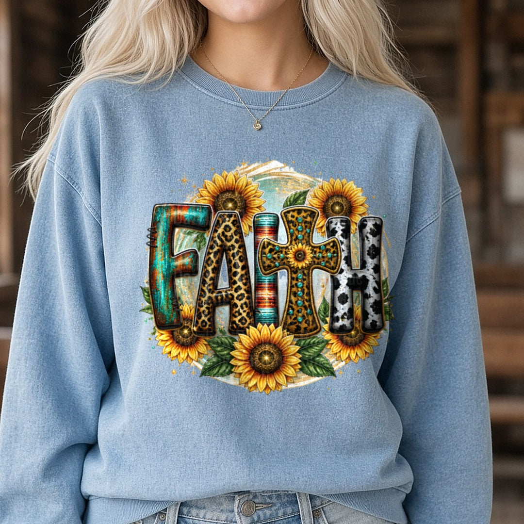 Sunflower Faith DTF transfer shown on a Comfort Colors sweatshirt