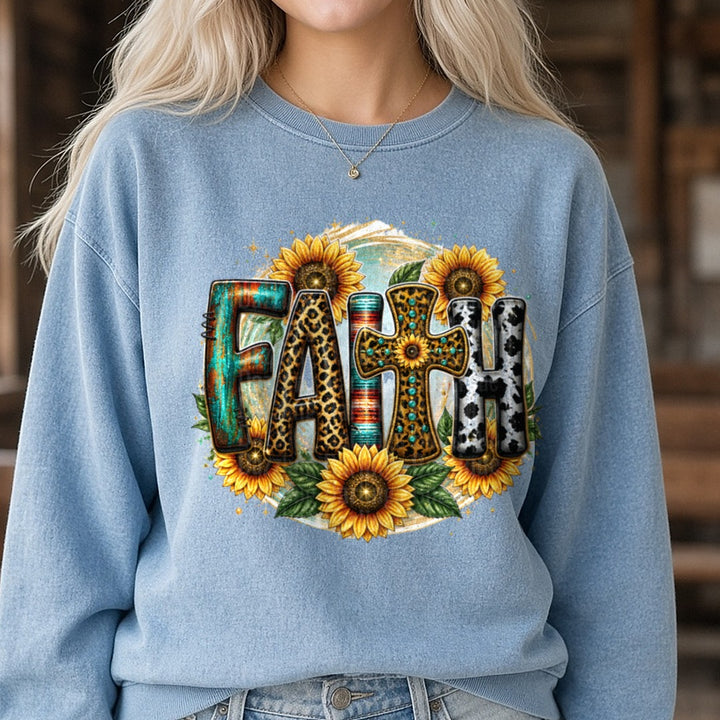 Sunflower Faith DTF transfer shown on a Comfort Colors sweatshirt