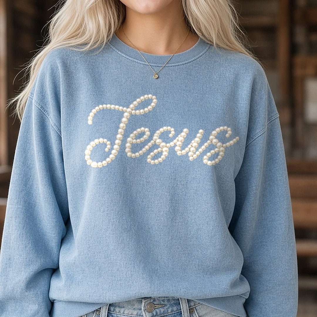 Jesus Faux Pearls DTF transfer shown on a Comfort Colors sweatshirt