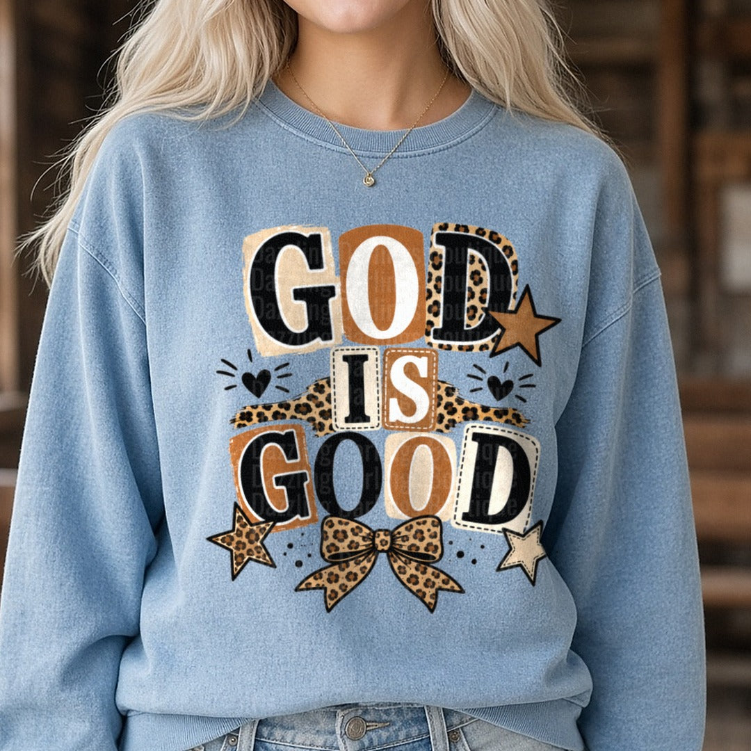 God Is Good Leopard DTF transfer shown on a Comfort Colors sweatshirt