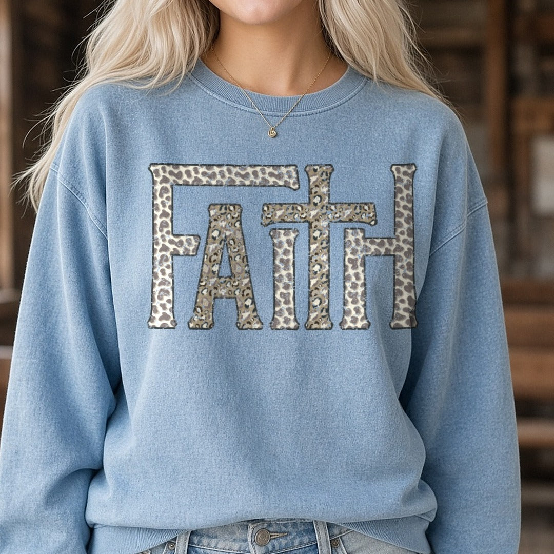 Faith Leopard DTF transfer shown on a Comfort Colors sweatshirt