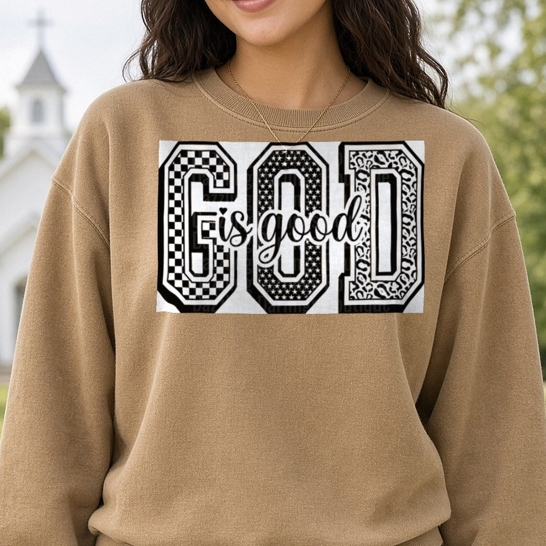 Checkered God Is Good DTF transfer shown on a Comfort Colors sweatshirt