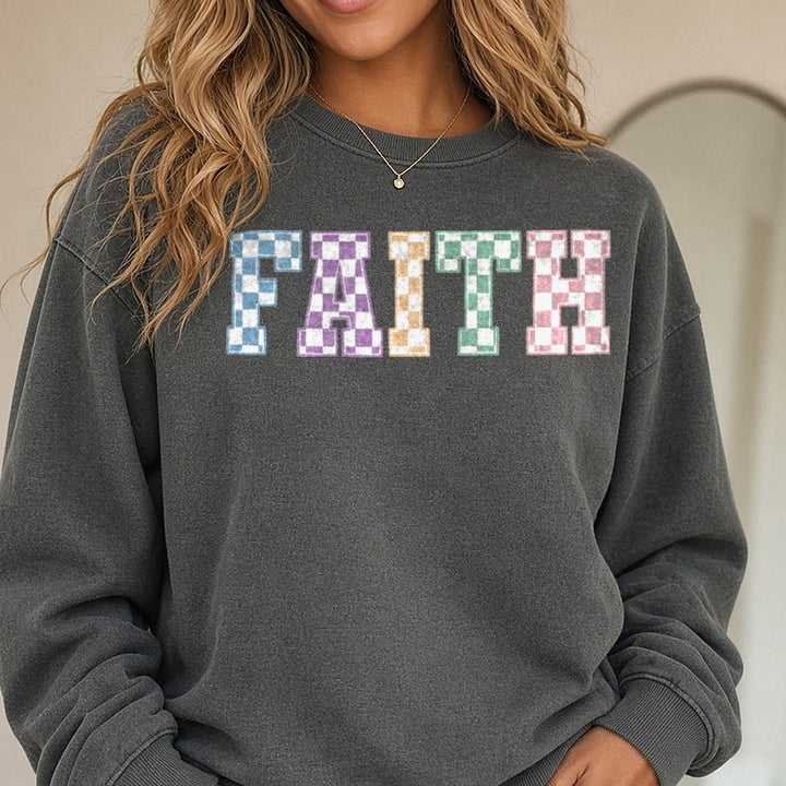 Checkered Fatih DTF transfer shown on a Comfort Colors sweatshirt