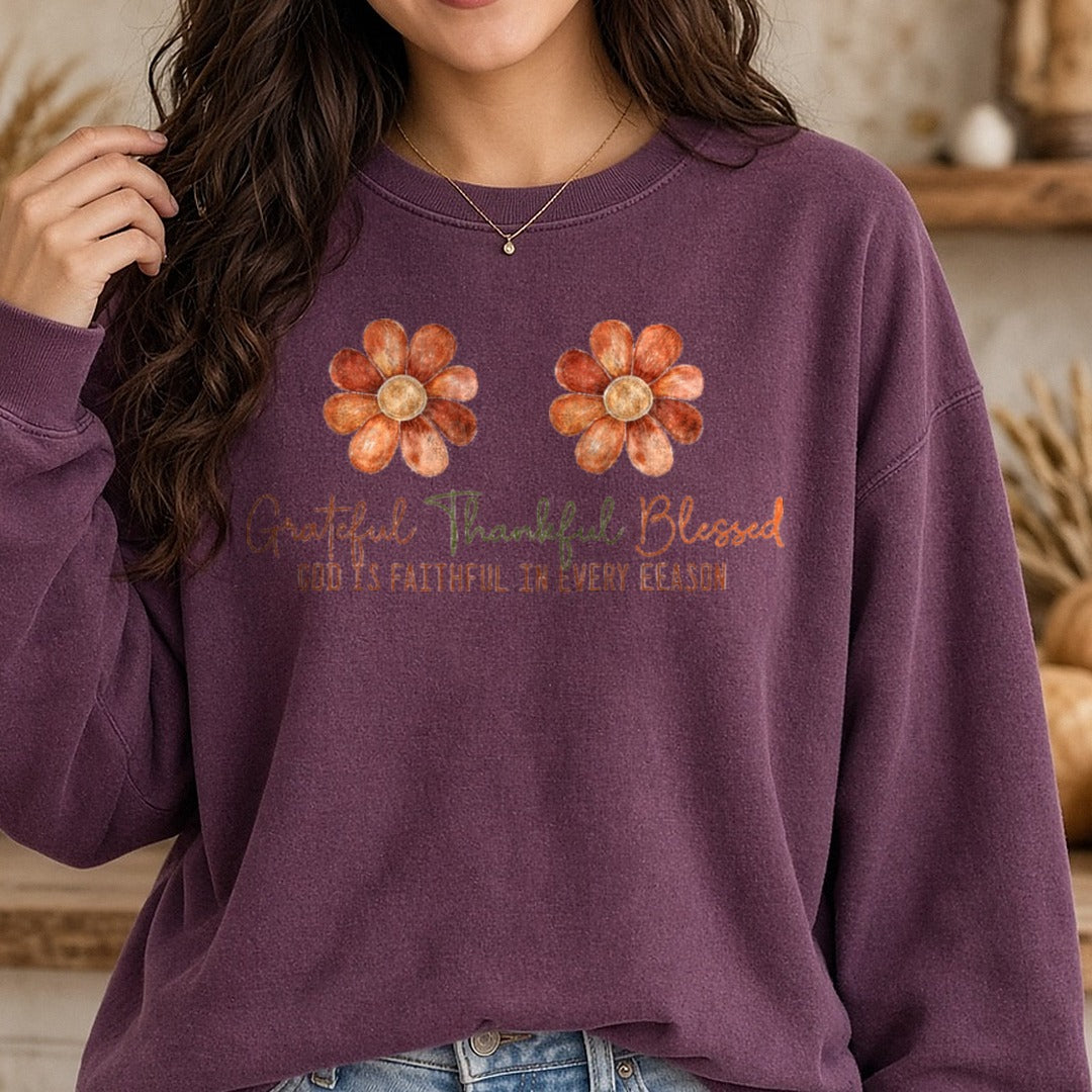 Grateful Thankful Blessed Flowers DTF transfer shown on a Comfort Colors sweatshirt