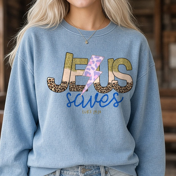 Jesus Saves DTF transfer shown on a Comfort Colors sweatshirt