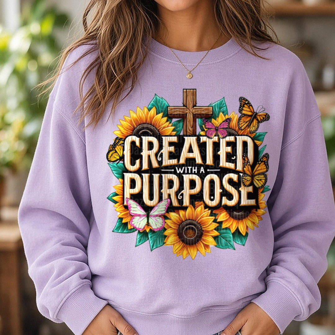 Created Purpose DTF transfer shown on a Comfort Colors sweatshirt