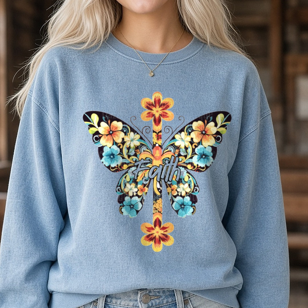 Faith Butterfly DTF transfer shown on a Comfort Colors sweatshirt