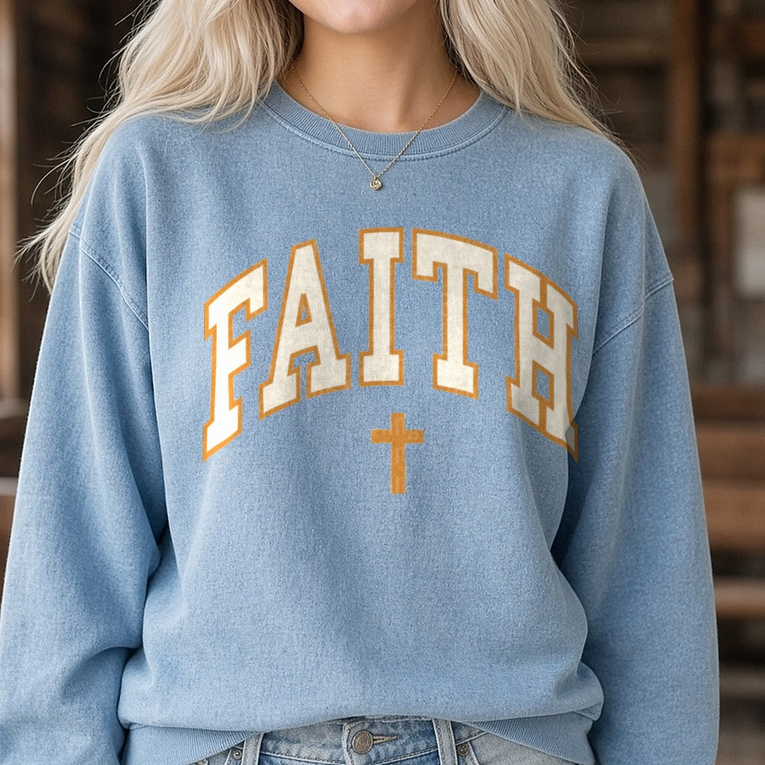 Faith DTF transfer shown on a Comfort Colors sweatshirt