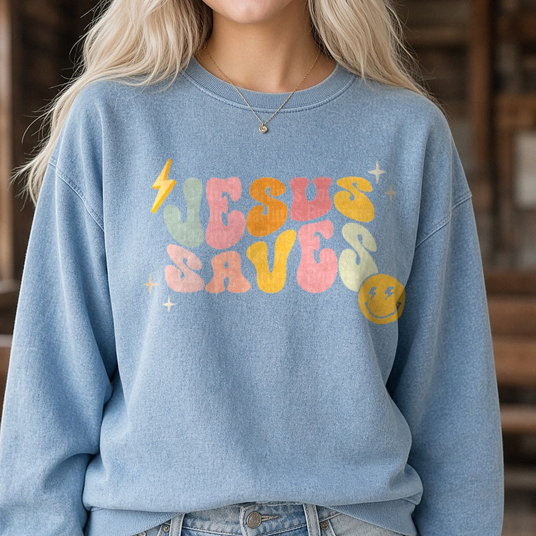 Jesus Saves Retro DTF transfer shown on a Comfort Colors sweatshirt