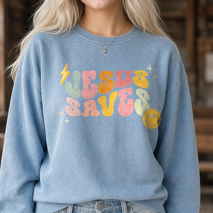 Jesus Saves Retro DTF transfer shown on a Comfort Colors sweatshirt
