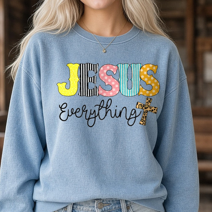 Jesus Everything DTF transfer shown on a Comfort Colors sweatshirt