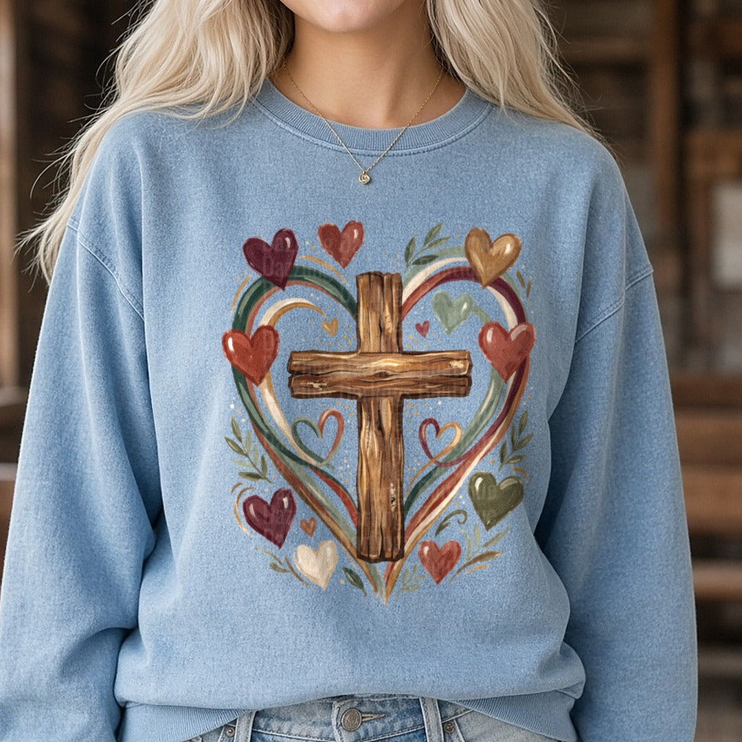 Hearts and Cross DTF transfer shown on a Comfort Colors sweatshirt