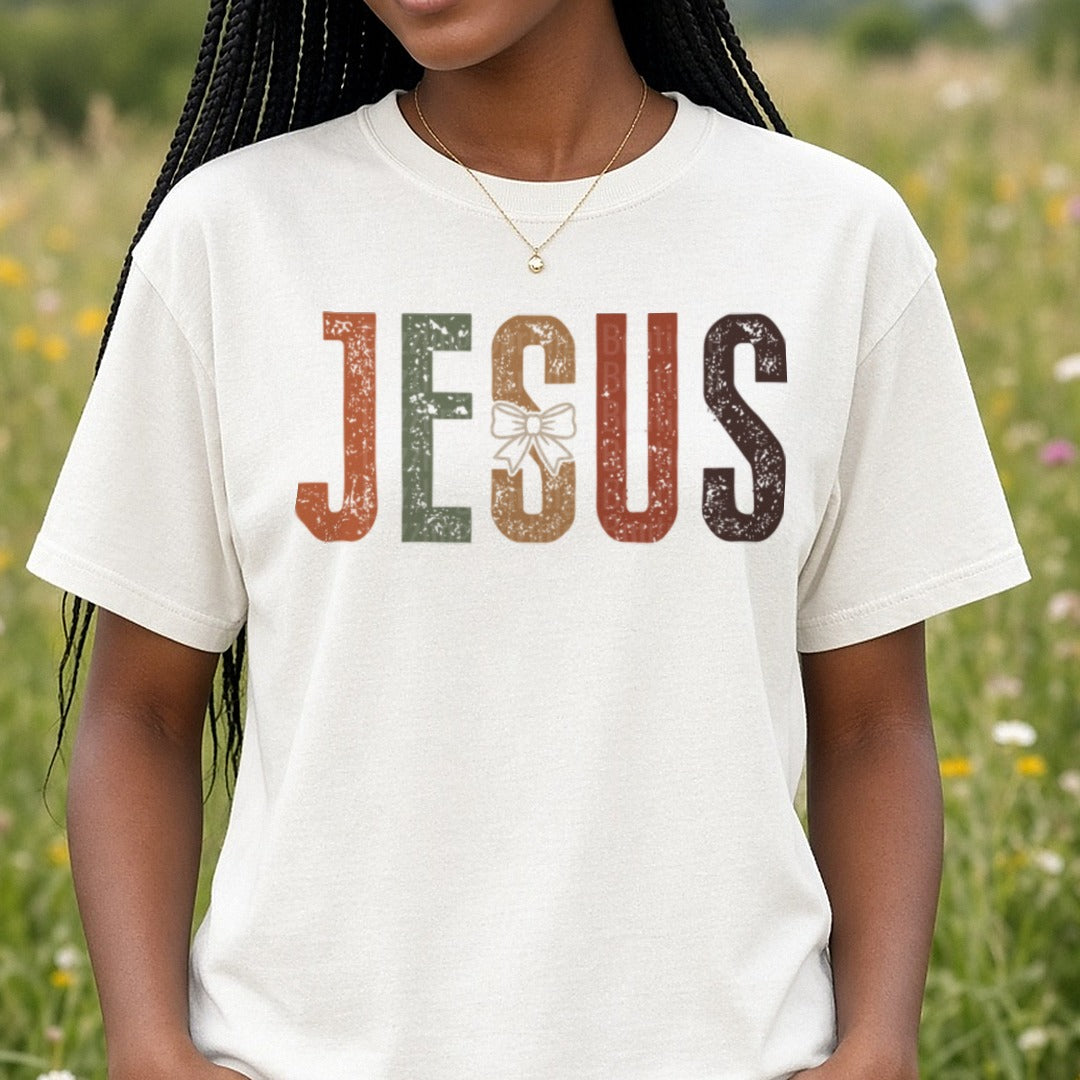 Jesus Fall with Bow DTF transfer shown on a Comfort Colors tee