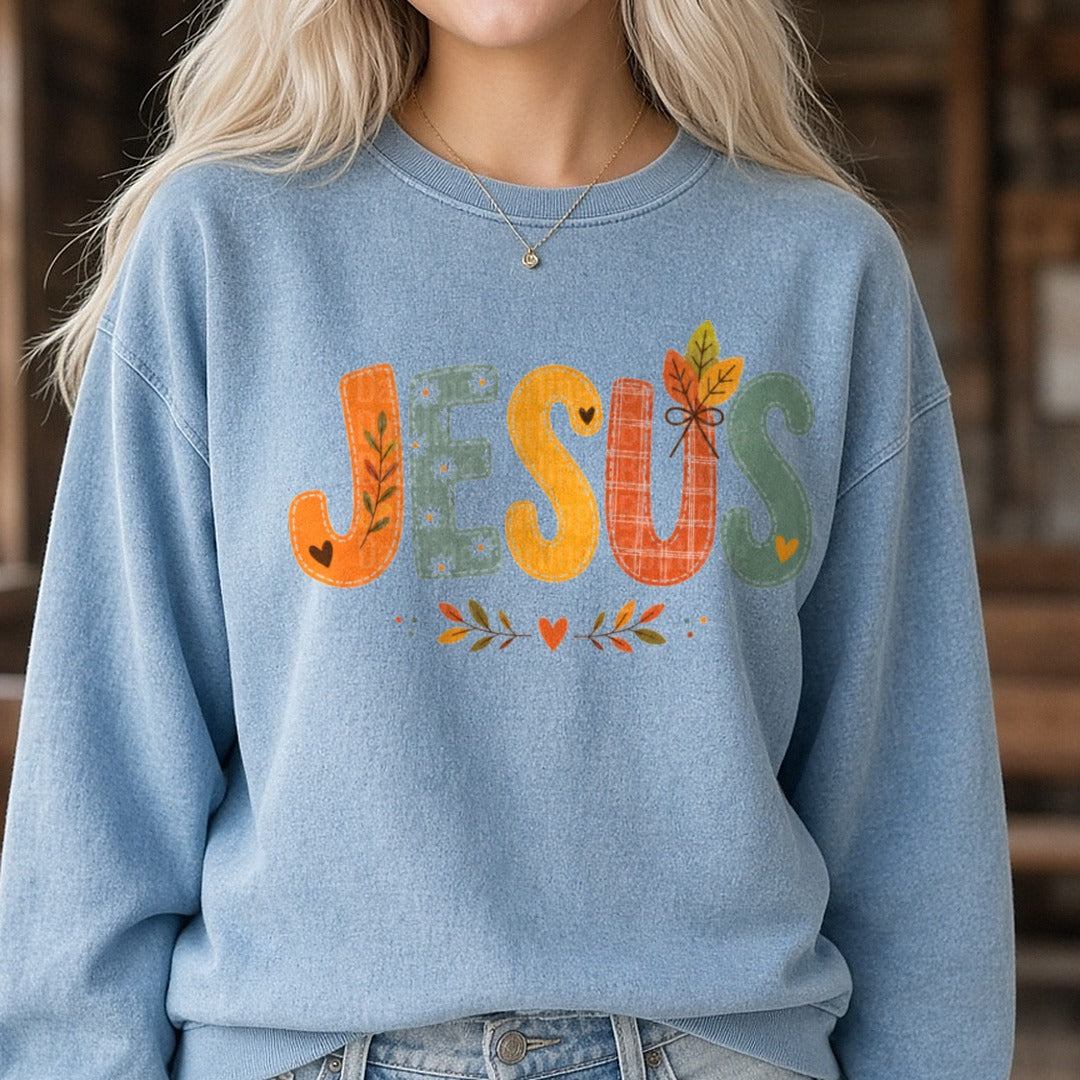 Jesus Leaf DTF transfer shown on a Comfort Colors sweatshirt