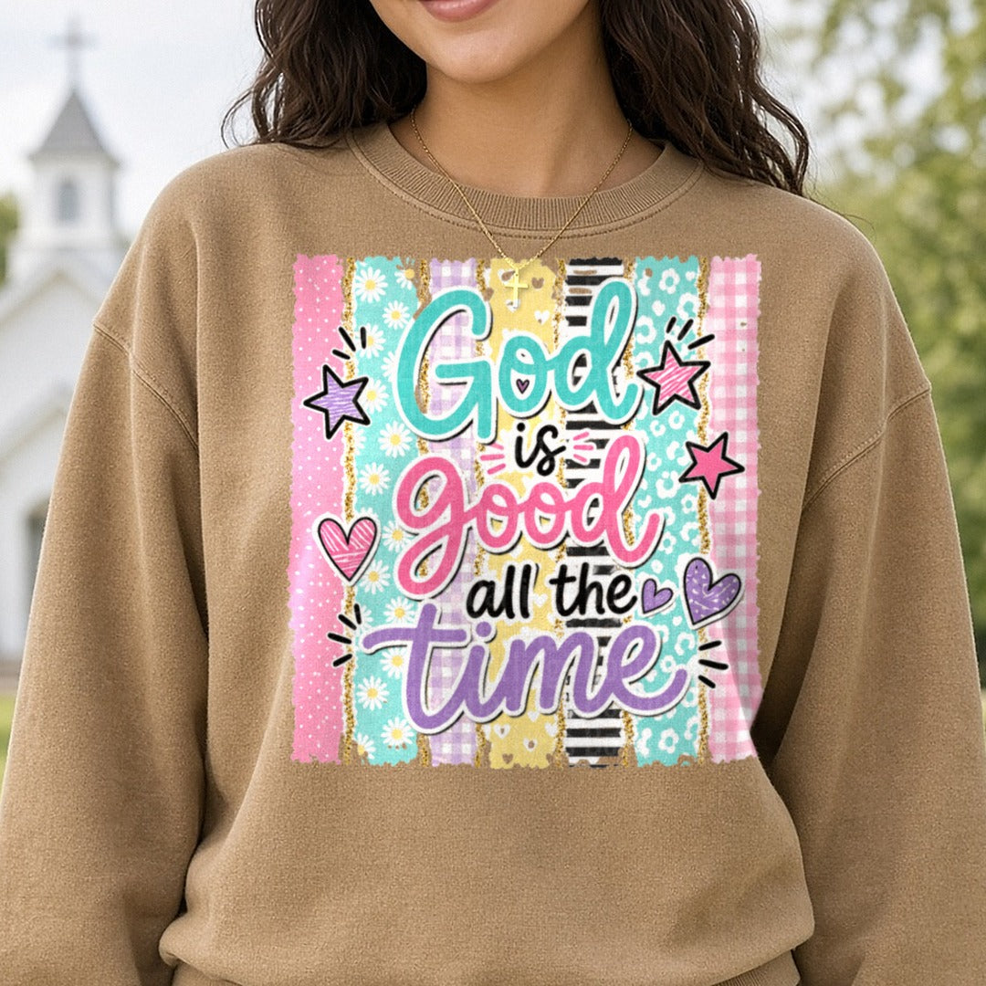 God Is Good All The Time Striped DTF transfer shown on a Comfort Colors sweatshirt