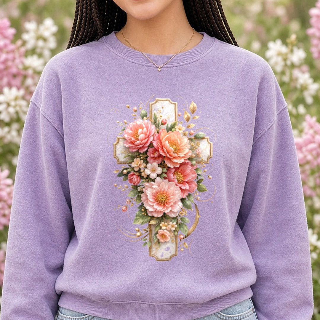 Pink Floral Cross DTF transfer shown on a Comfort Colors sweatshirt