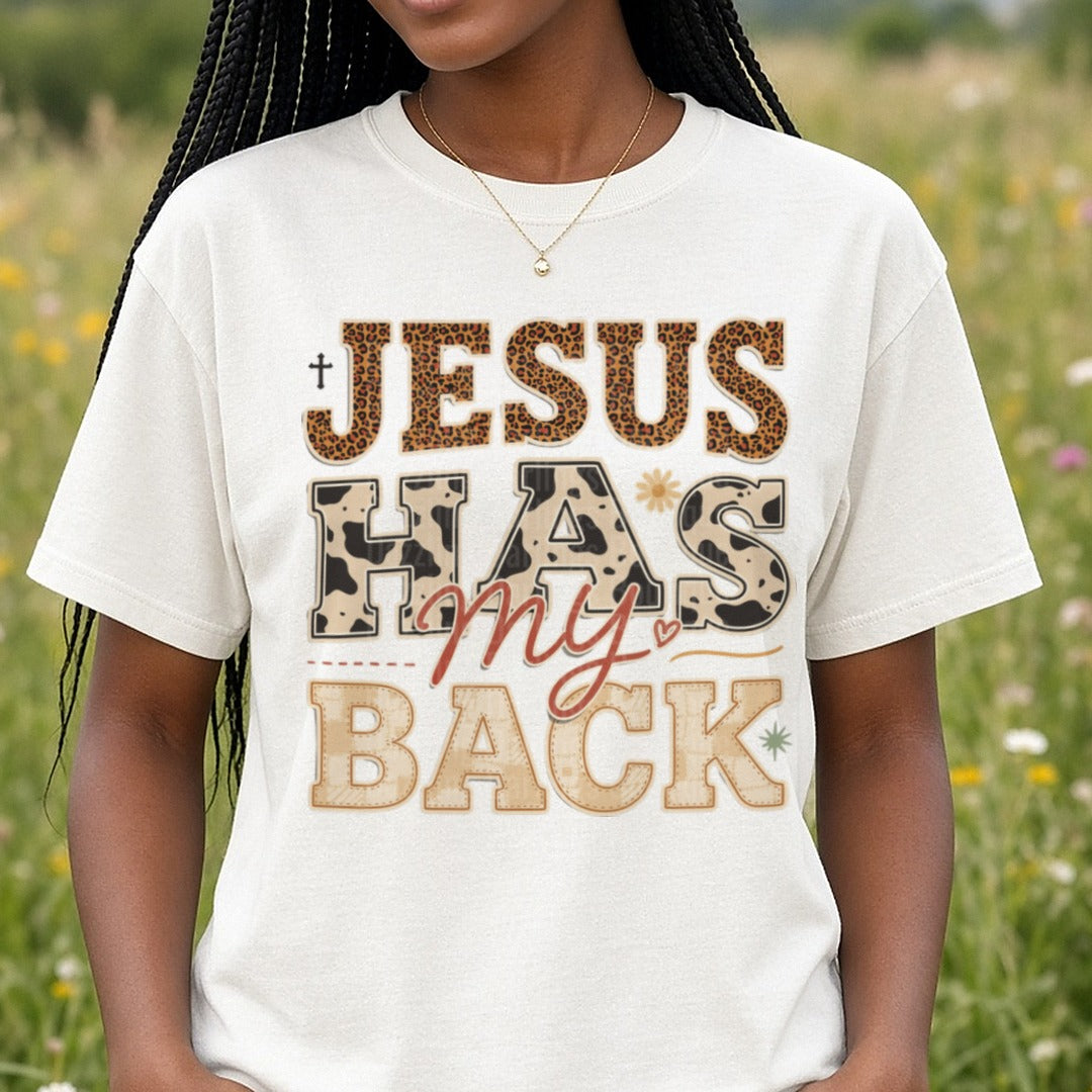 Jesus Has My Back DTF transfer shown on a Comfort Colors tee