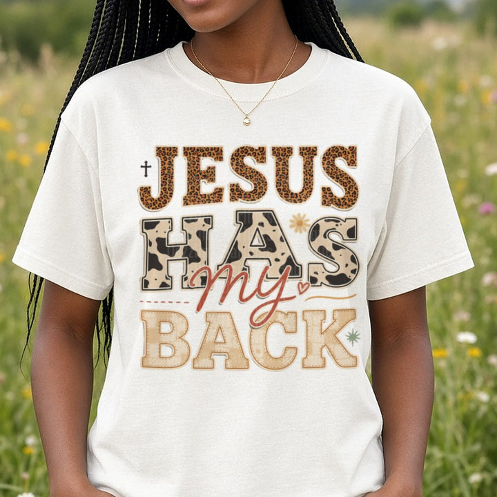 Jesus Has My Back DTF transfer shown on a Comfort Colors tee