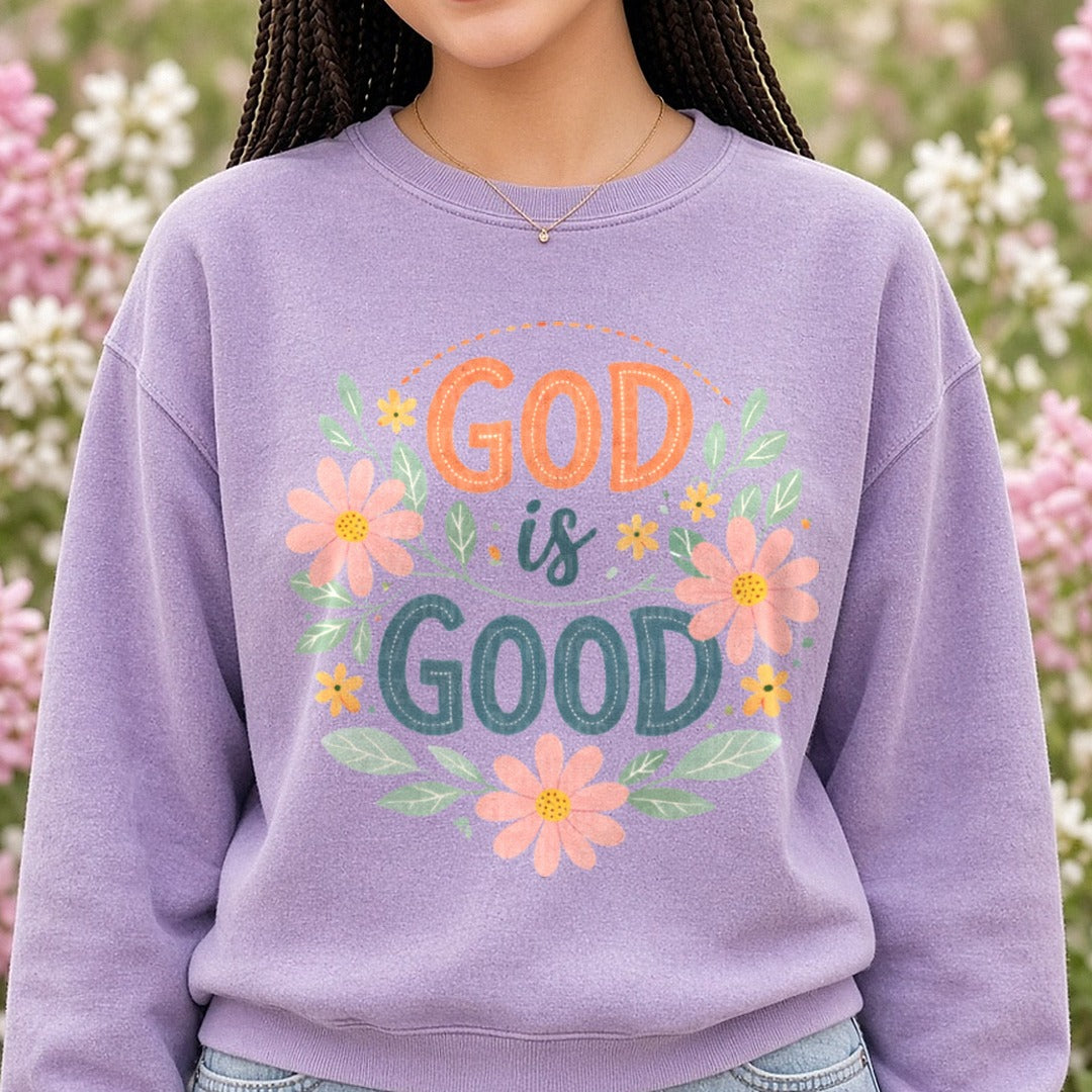 Floral God Is Good DTF transfer shown on a Comfort Colors sweatshirt