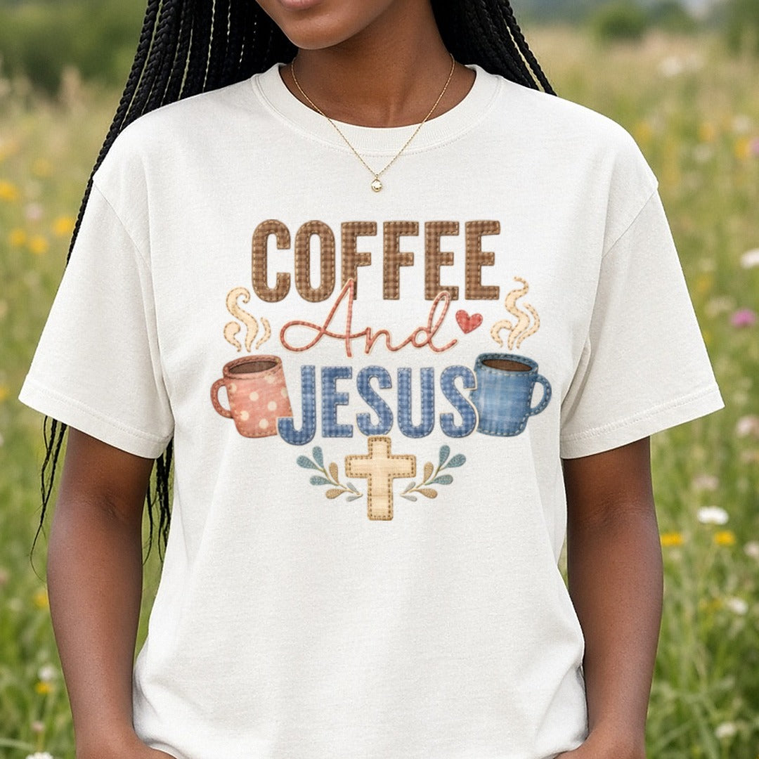 Coffee and Jesus DTF transfer shown on a Comfort Colors tee