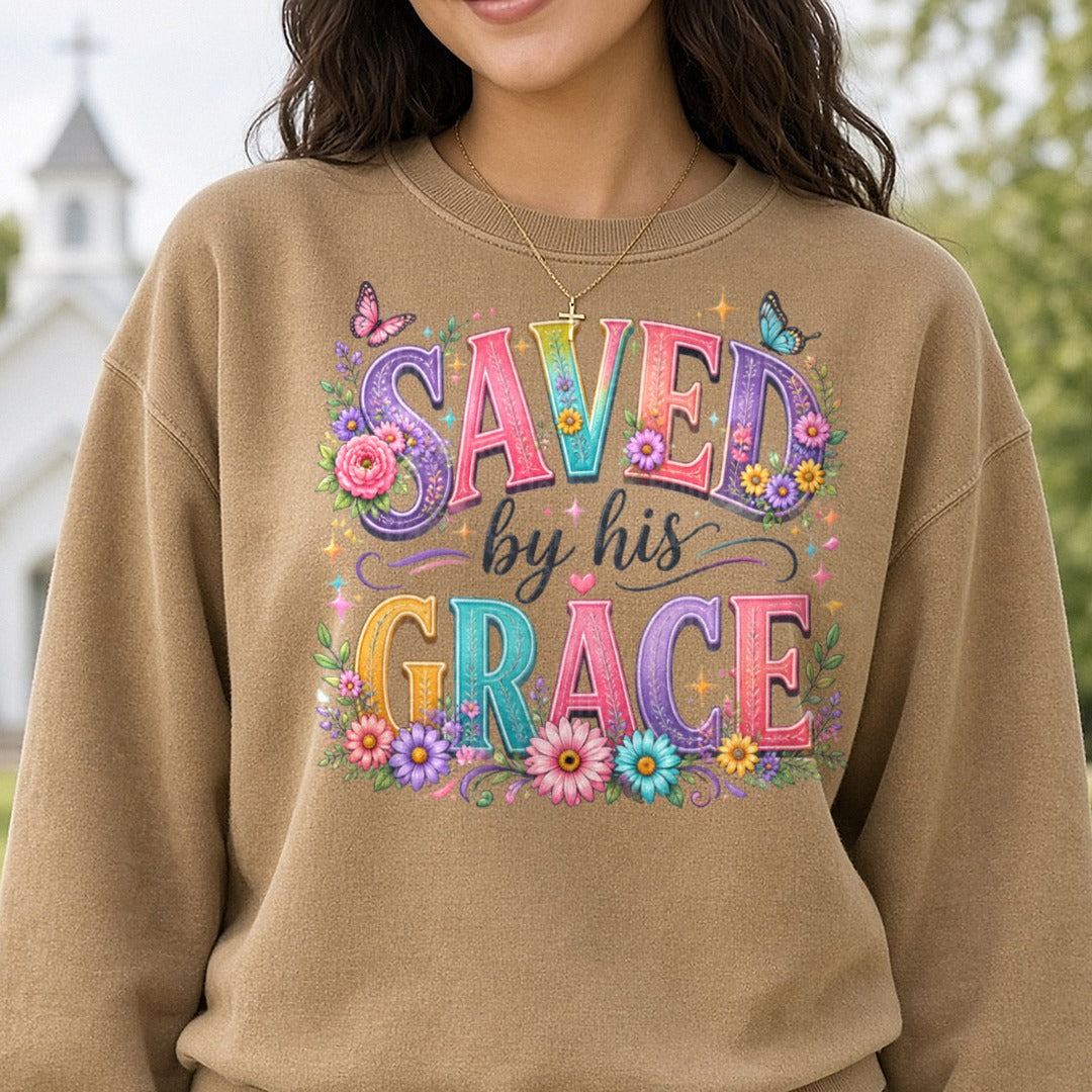 Saved By His Grace DTF transfer shown on a Comfort Colors sweatshirt