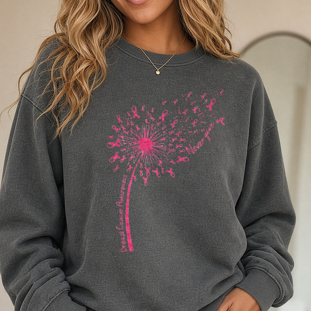 Dandelion Breast Cancer DTF transfer shown on a Comfort Colors sweatshirt