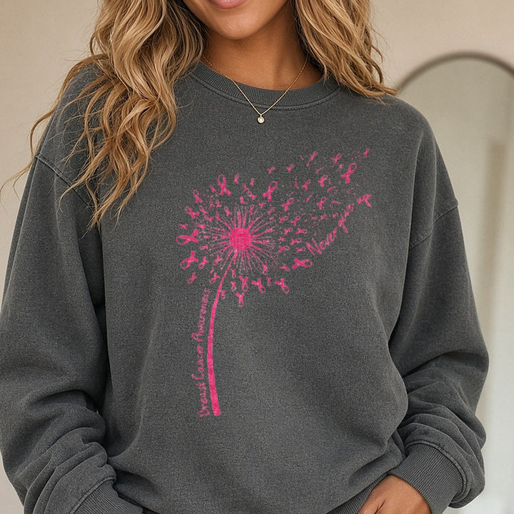 Dandelion Breast Cancer DTF transfer shown on a Comfort Colors sweatshirt