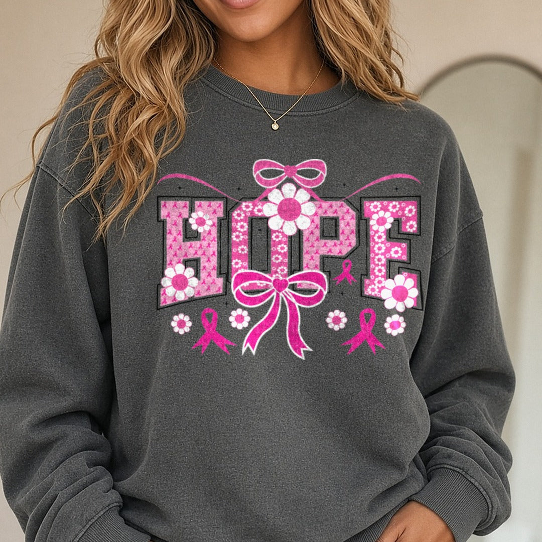 Hope Breast Cancer DTF transfer shown on a Comfort Colors sweatshirt
