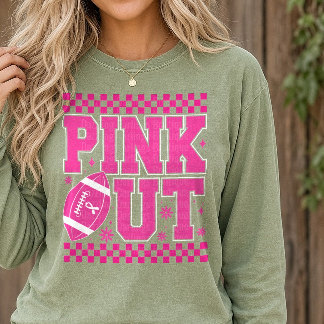 Checkered Pink Out DTF transfer shown on a Comfort Colors long sleeve tee