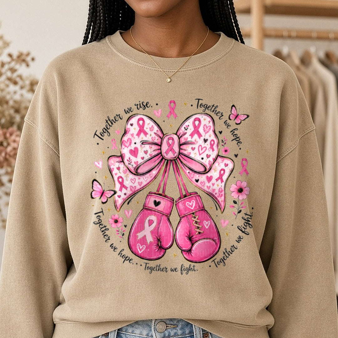 Breast Cancer Gloves DTF transfer shown on a Comfort Colors sweatshirt