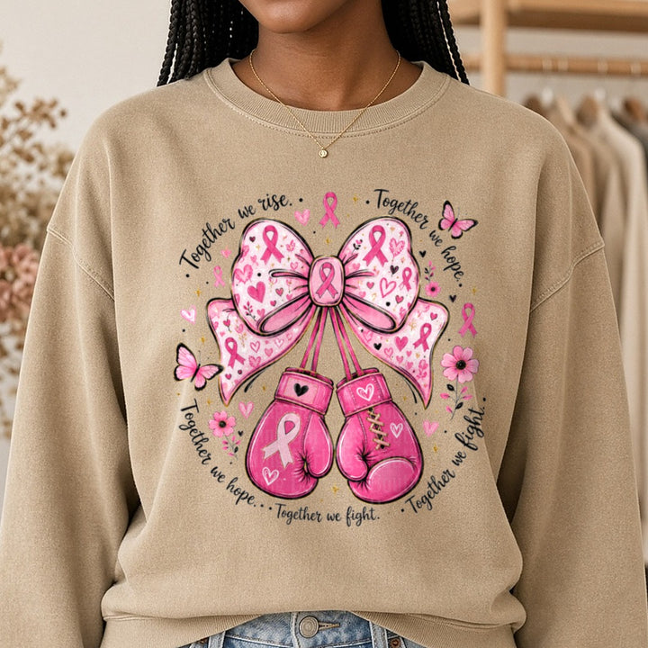 Breast Cancer Gloves DTF transfer shown on a Comfort Colors sweatshirt