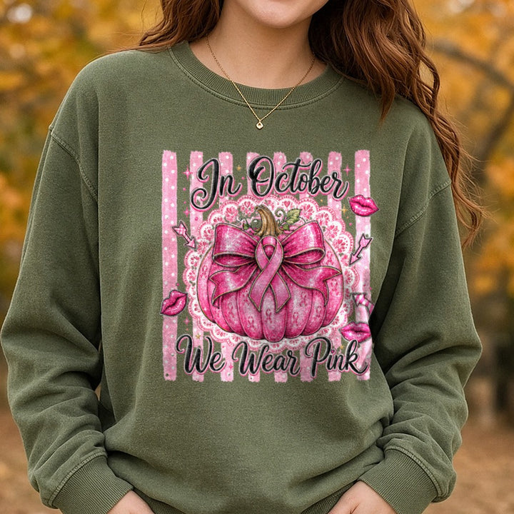In October We Wear Pink Pumpkin DTF transfer shown on a Comfort Colors sweatshirt