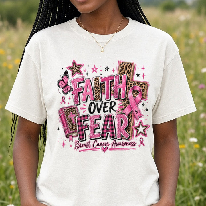 Faith Over Fear Breast Cancer DTF transfer shown on a Comfort Colors tee